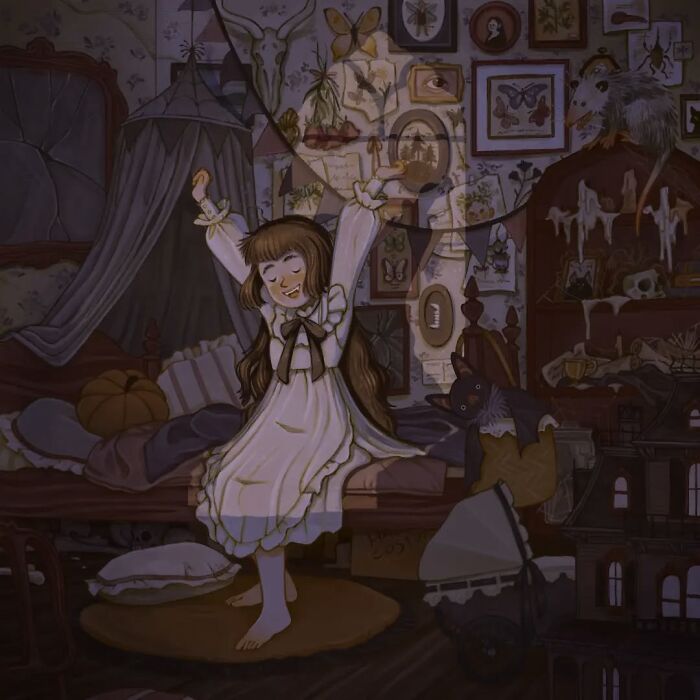 Gentle and charming illustration of a joyful girl stretching in a cozy, softly lit room filled with whimsical details.