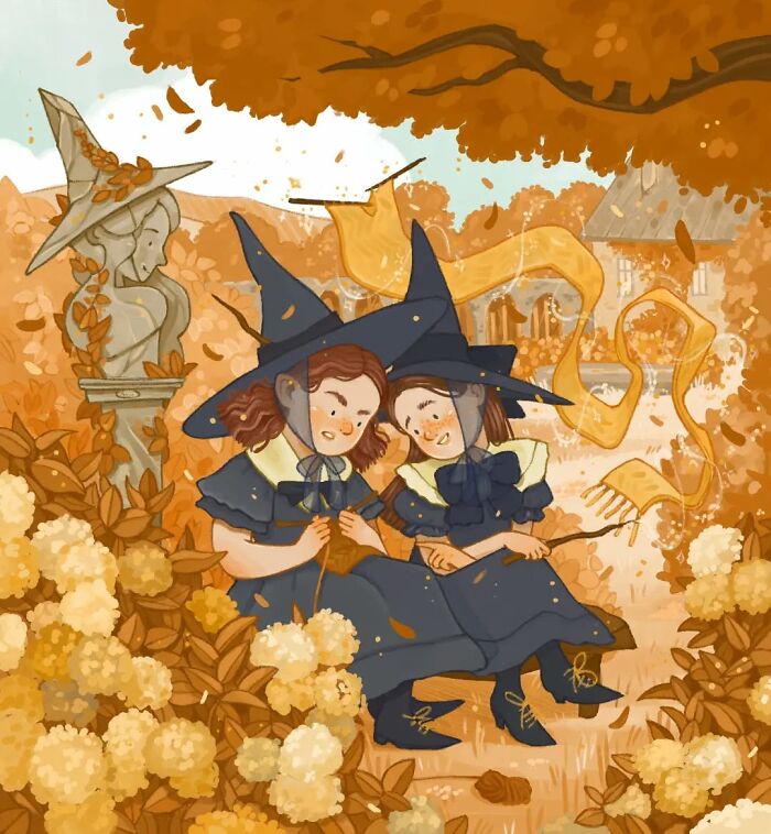 Two girls in witch costumes knitting together in a gentle and charming illustration with warm autumn colors.