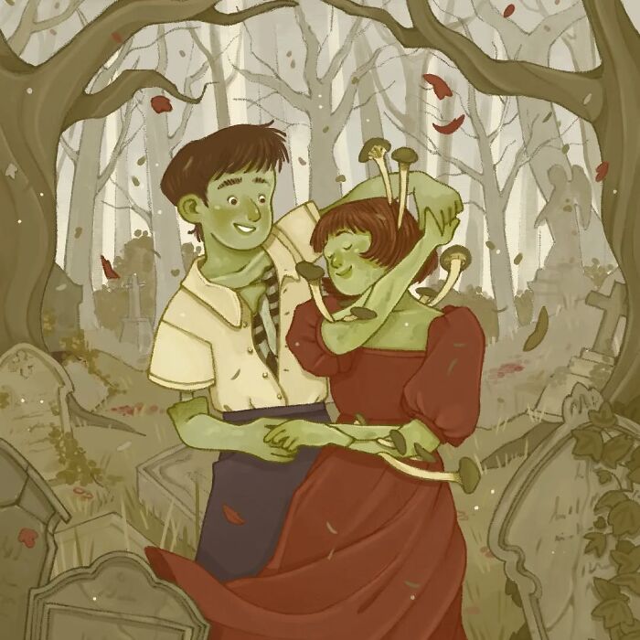 Illustration of a gentle and charming couple embracing in a mystical forest with mushrooms growing on one figure.