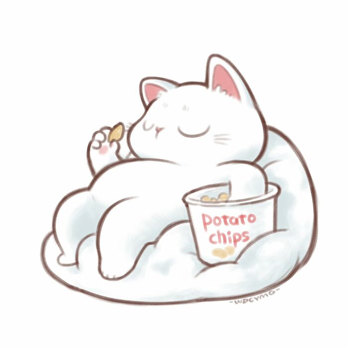 Charming cute cat illustration of a white cat relaxing while eating potato chips on a soft cushion.