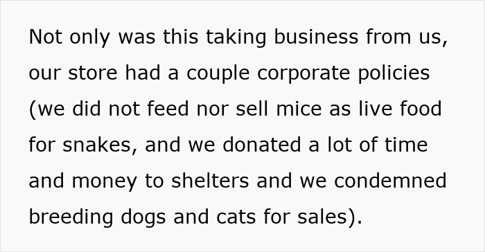 Text excerpt discussing store policies on feeding and selling live food for snakes, relevant to pet store manager fraud case.