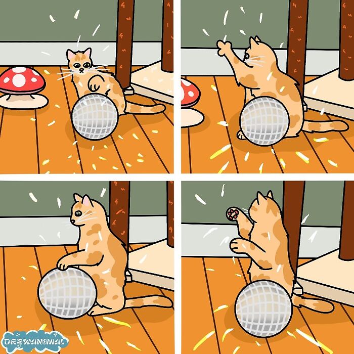 Funny art of a viral cat moment showing an orange cat playing with a shiny disco ball on a wooden floor.