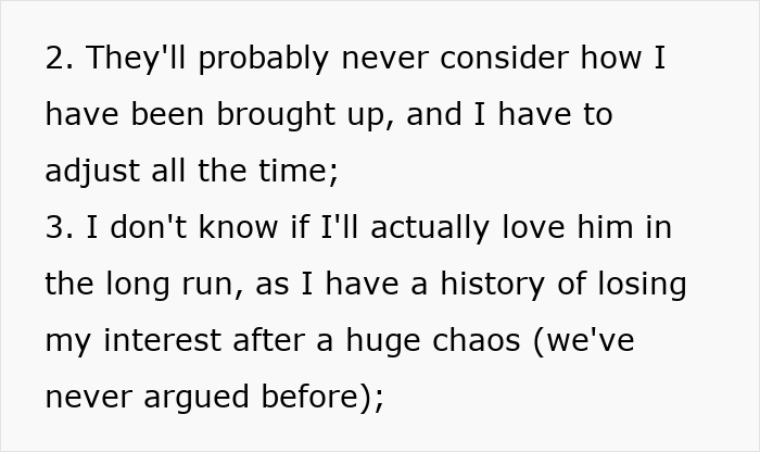 Text showing points about relationship challenges and doubts, with focus on family and love issues causing conflict and upset feelings.