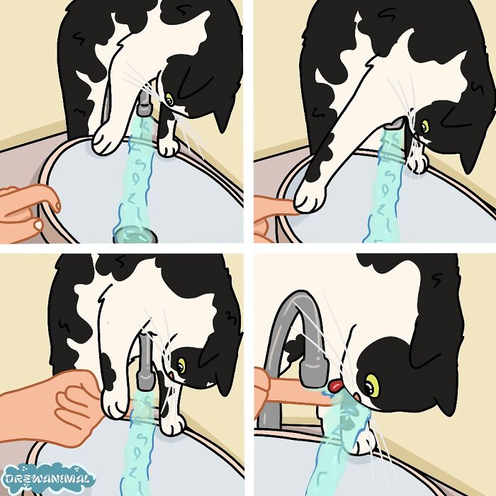 Cartoon cat drinking from a sink faucet in funny viral cat moments art by an artist.