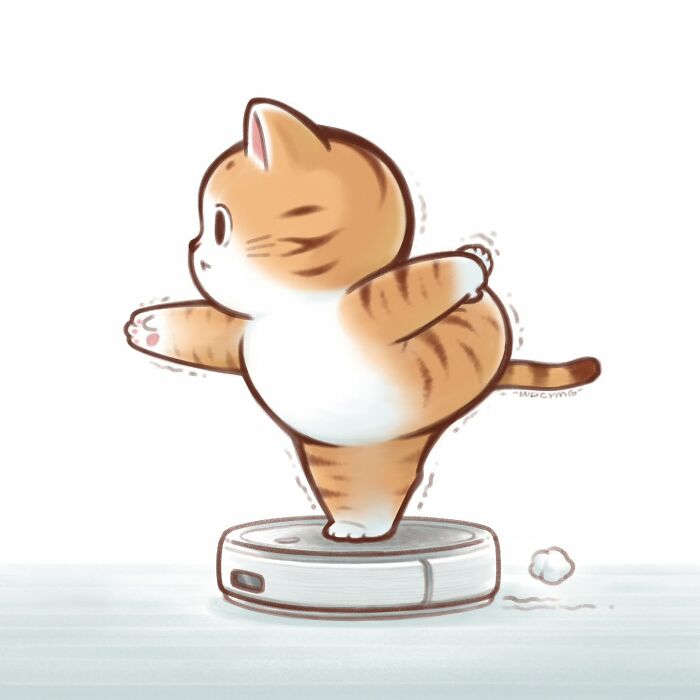Cute cat illustration balancing on one leg on a robotic vacuum cleaner, showcasing adorable feline charm and playfulness.
