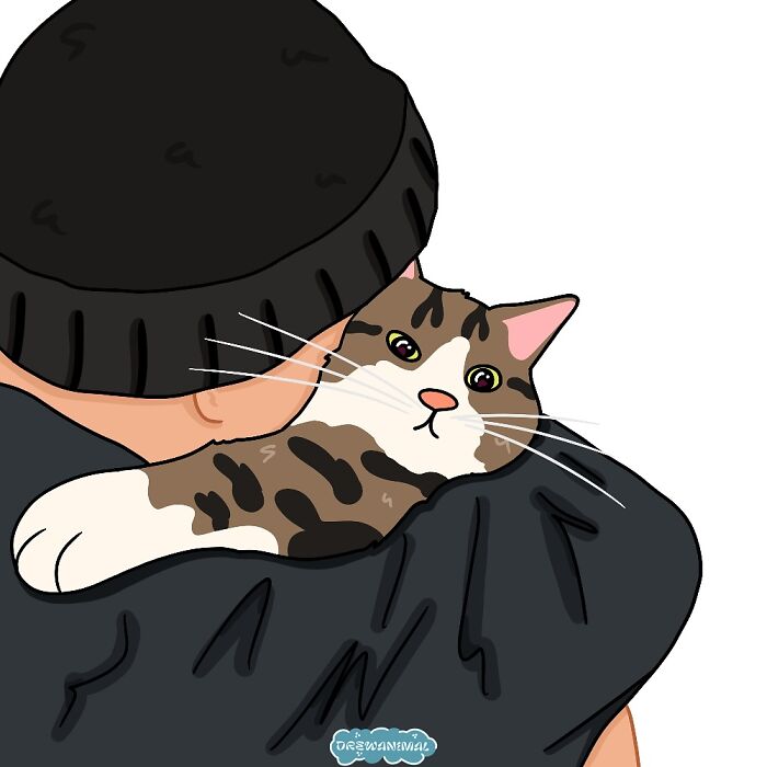 Digital art of a person in a black beanie holding a funny cat, capturing viral cat moments in creative artwork.