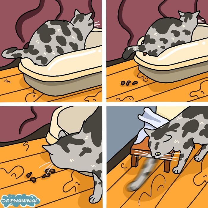 Cartoon of a gray spotted cat turning viral cat moments into funny art by interacting with litter and small objects.