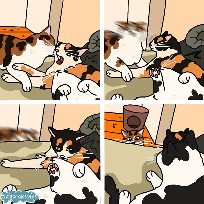 Illustration of two cats in a funny moment with one cat spinning rapidly in viral cat art style.