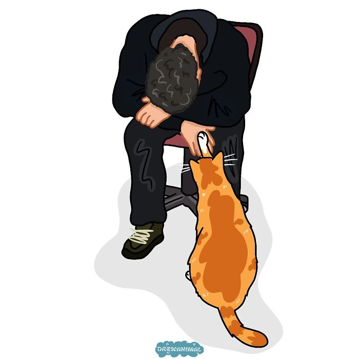 Illustration of a person sitting with head down as a viral cat moment is turned into funny art by an artist.