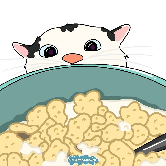 Cartoon cat peeking over a bowl of cereal, showcasing viral cat moments turned into funny art illustration.