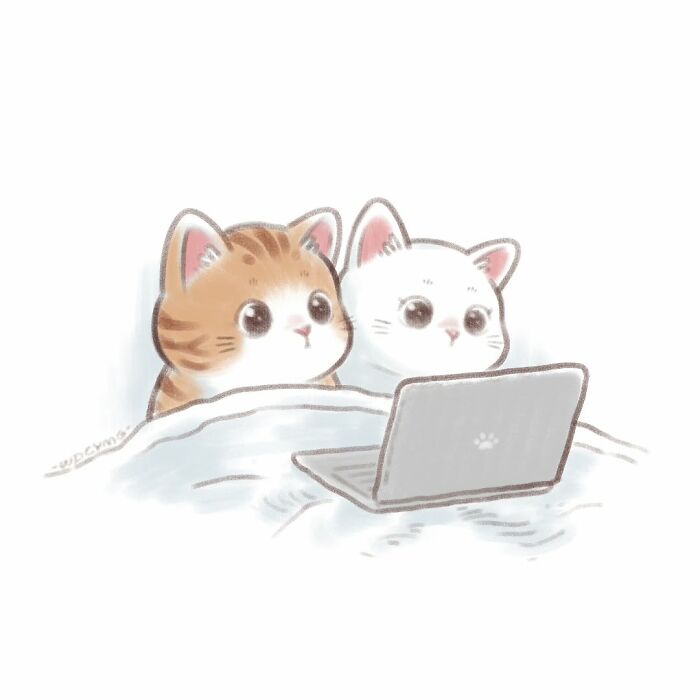 Two irresistibly cute cat illustrations with big eyes looking at a laptop while sitting under a blanket.