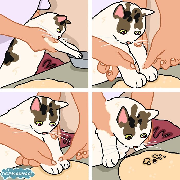 Illustration of a cat with human hands playfully pressing its paws into dough, capturing viral cat moments in funny art.