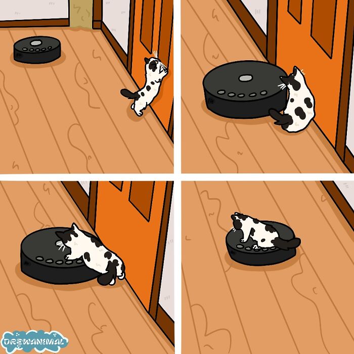 Cartoon art of a cat interacting humorously with a robot vacuum, showcasing viral cat moments in funny art.