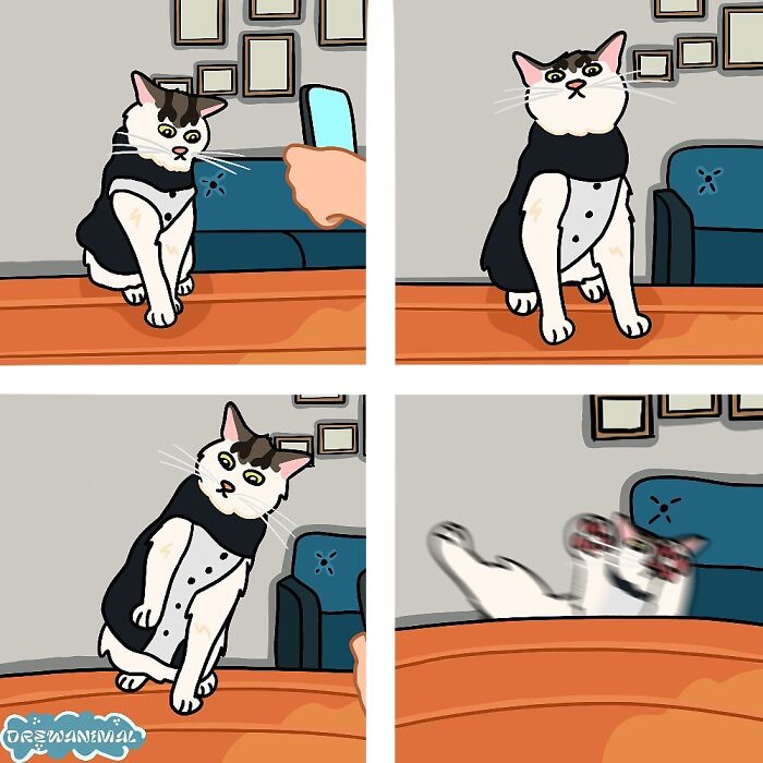 Illustration of a viral cat moment transformed into funny art showing a startled cat reacting to a hand gesture.
