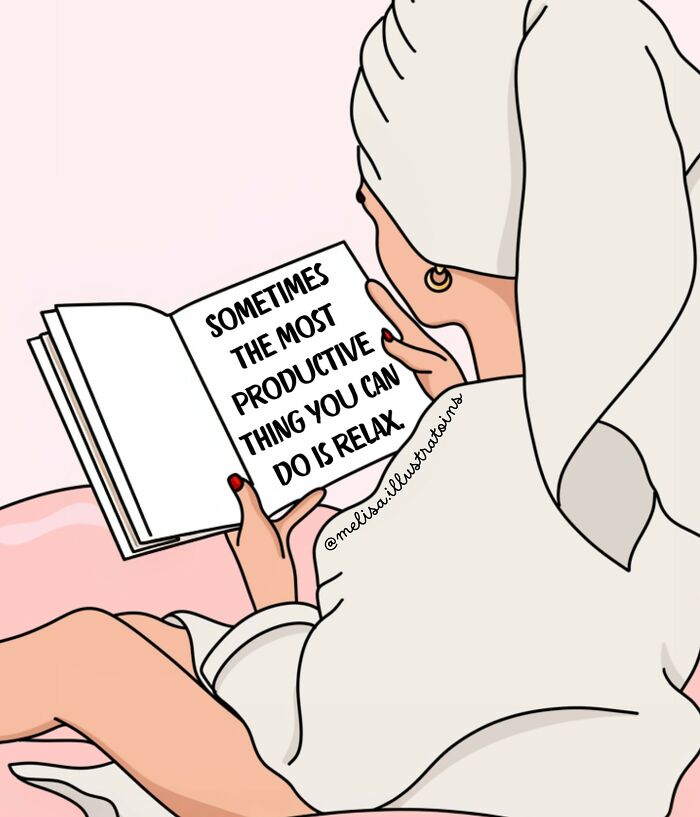 Woman relaxing with towel on head reading empowering illustration about productivity and self-care for women.