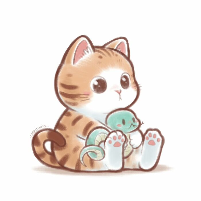 Cute cat illustration with big eyes sitting and holding a small smiling snake in a soft, pastel style.