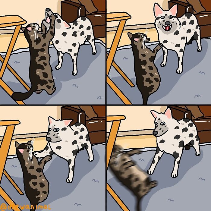 Cartoon cat and dog in funny viral cat moments art playing and interacting in a living room setting.