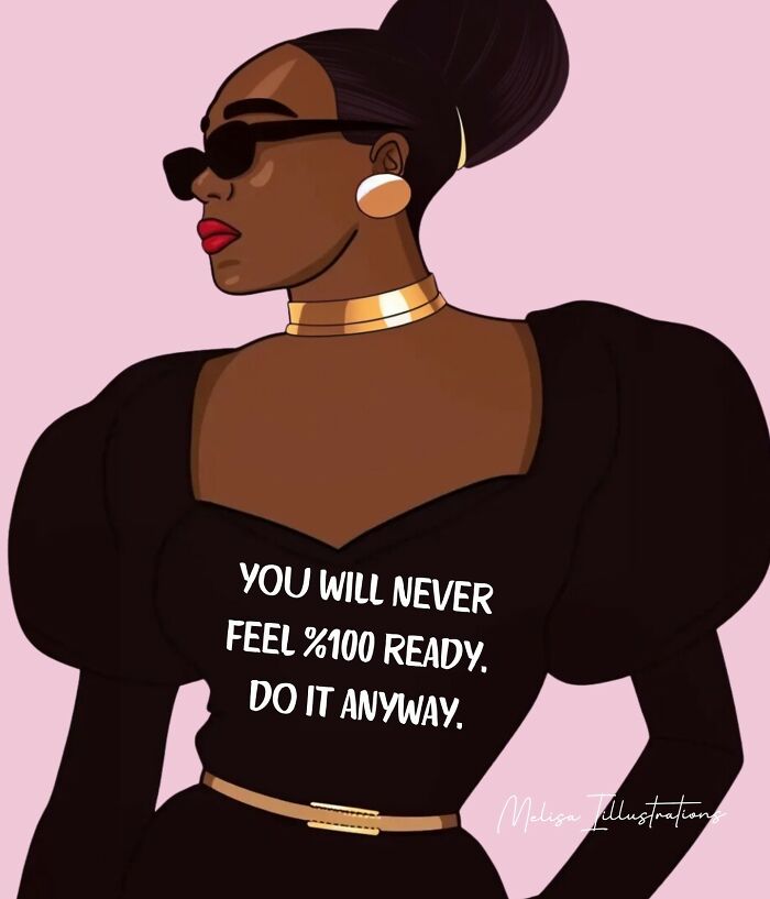 Confident woman illustration wearing black with empowering message, symbolizing women empowerment and inner strength.
