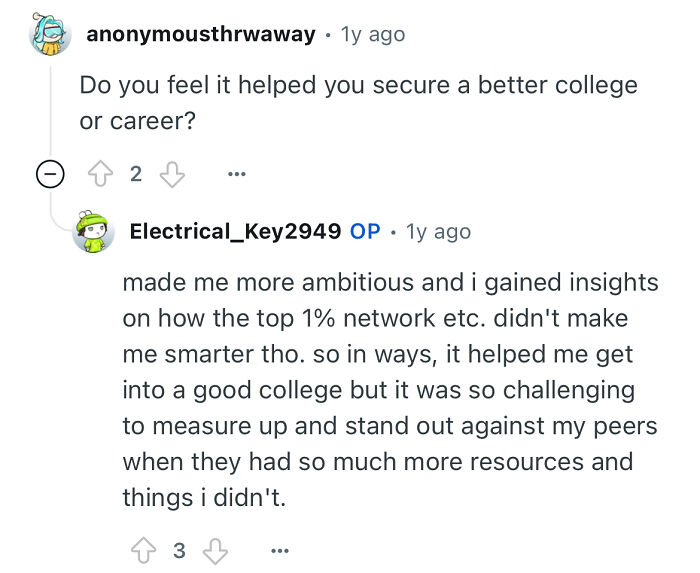 Comment exchange showing a person studied in a prestigious private school sharing insights on improving career opportunities.