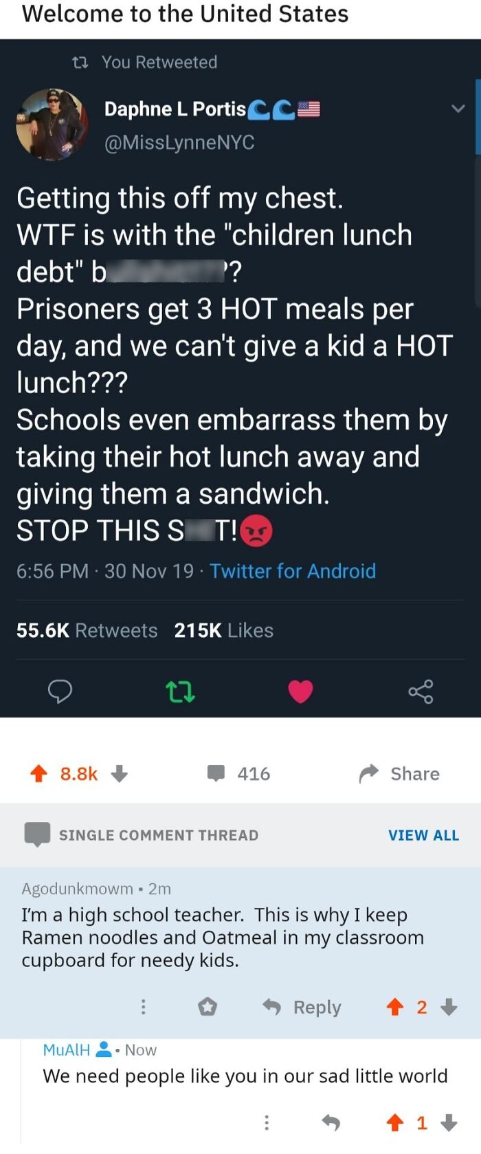 Tweet criticizing the lack of hot lunches for kids compared to prisoners, highlighting school lunch debt issues.