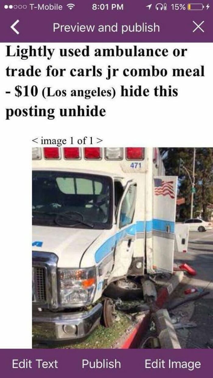 Damaged ambulance with bent wheels and broken curb, a humorous meme for EMT or paramedic audiences.