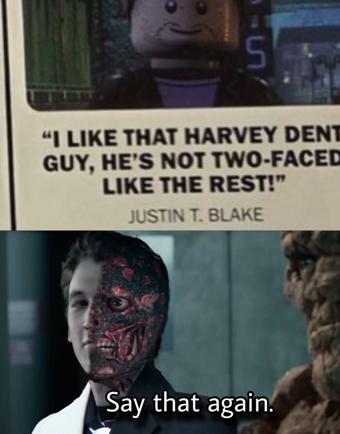LEGO Marvel meme referencing Harvey Dent with Two-Face, paired with a scene from a Marvel movie as a humorous contrast.