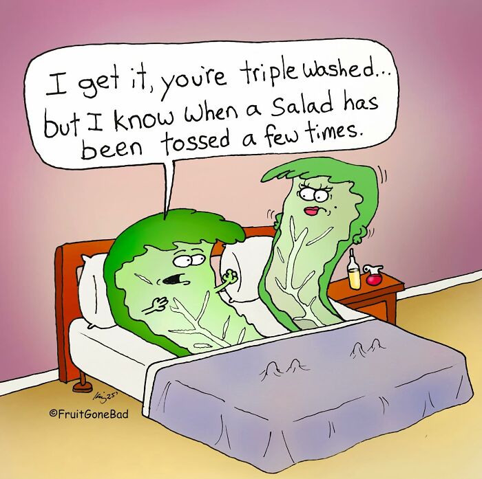Cartoon lettuce leaves in bed with a humorous dialogue, showcasing twisted humor from Fruit Gone Bad comics.