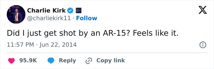 Screenshot of a tweet by Charlie Kirk from 2014 mentioning being shot by an AR-15, linked to prediction of his passing.
