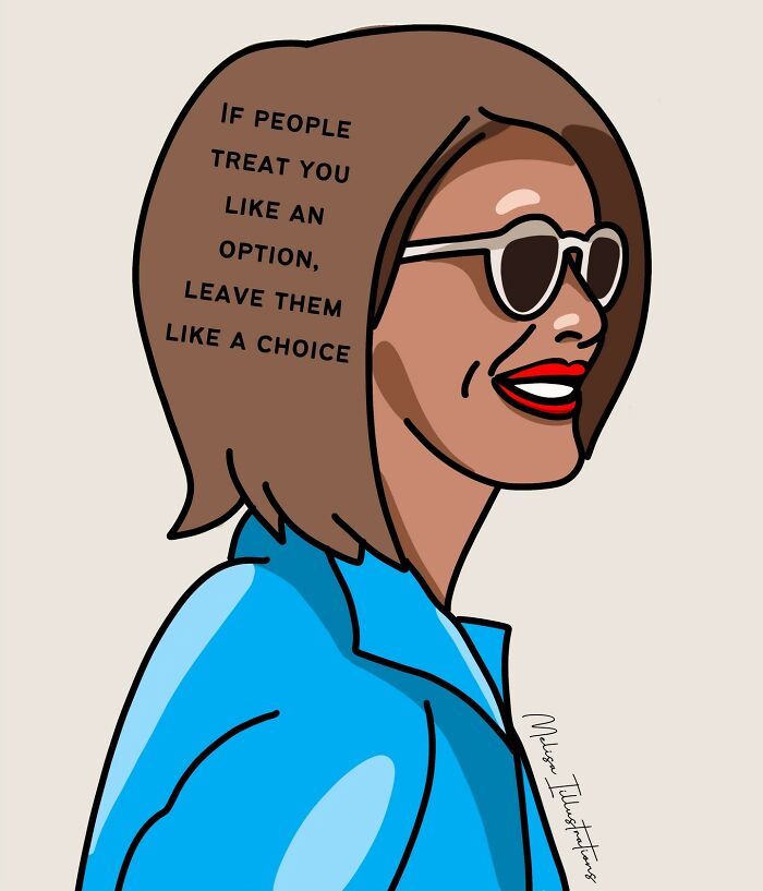 Illustration of a confident woman wearing sunglasses with an empowering message about strength and self-worth.