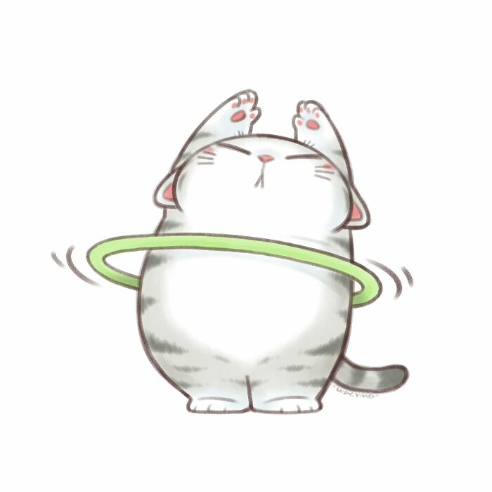 Cute cat illustration with a chubby gray and white cat playing with a green hula hoop and smiling happily