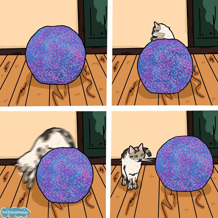 Funny art featuring a cat interacting with a colorful ball, showcasing viral cat moments in a creative illustration style.