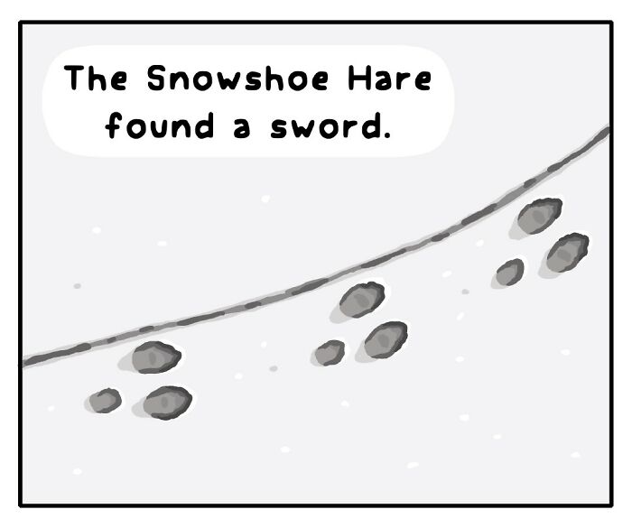 Comic panel showing animal footprints in snow with text about an American Red Squirrel in playful wildlife artwork.