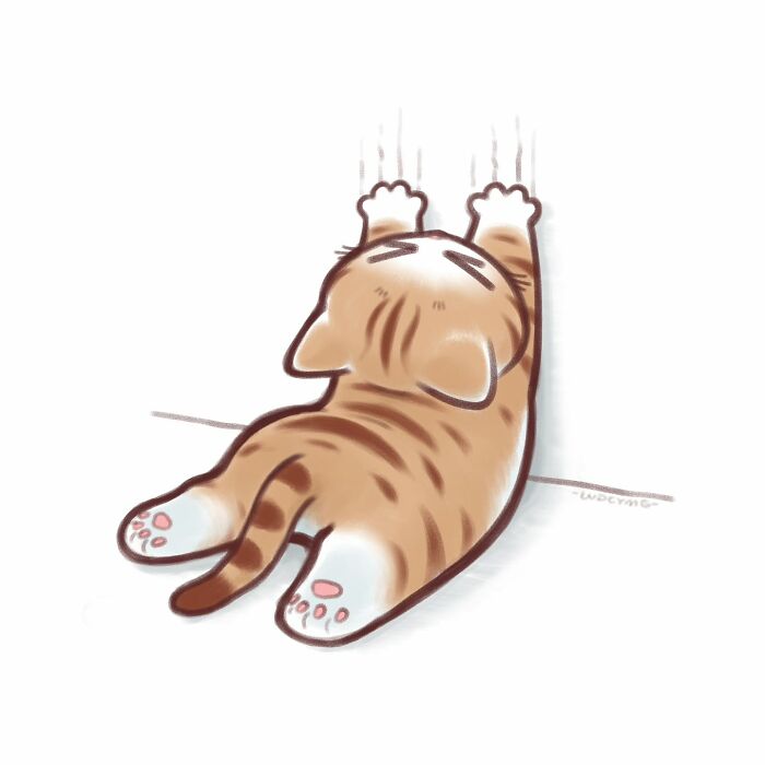 Cute cat illustration of a brown tabby kitten stretching and clawing at a wall in a playful pose