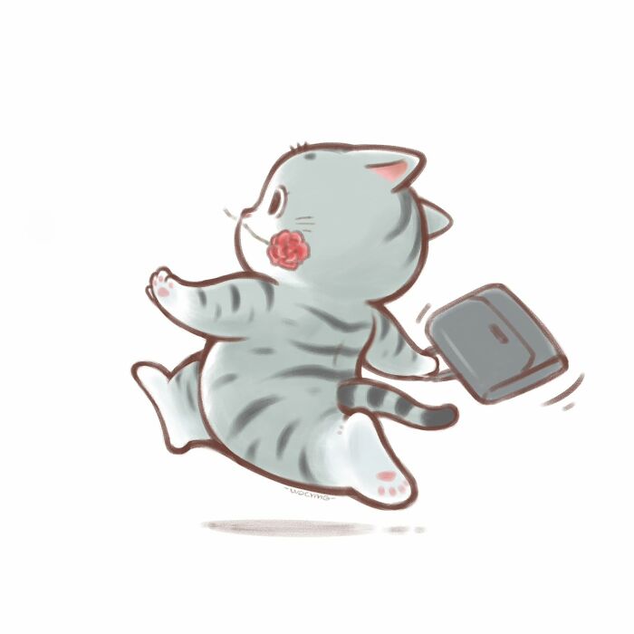 Cute cat illustration of a playful gray tabby kitten carrying a briefcase while happily leaping in the air.