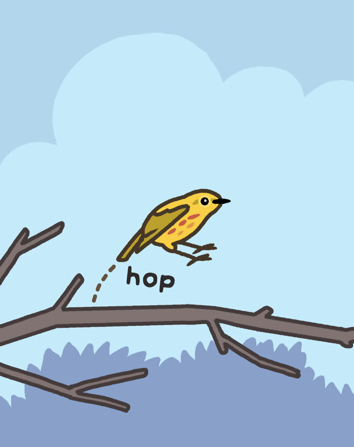 Yellow bird cartoon character with speech bubble showing playful comics about nature and wildlife humor.
