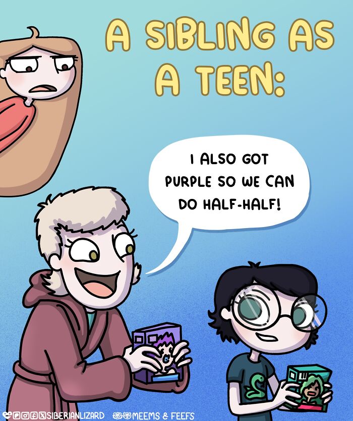 Cartoon depicting a teenager asking to dye hair red and an adult firmly saying no, from living with two ferrets and a cat.