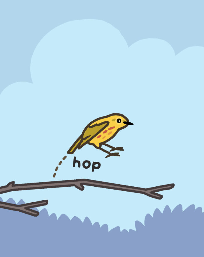 Yellow bird cartoon character with speech bubble showing playful comics about nature and wildlife humor.