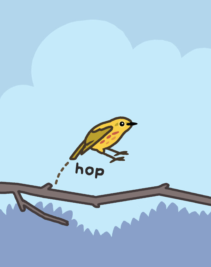 Yellow bird cartoon character with speech bubble showing playful comics about nature and wildlife humor.
