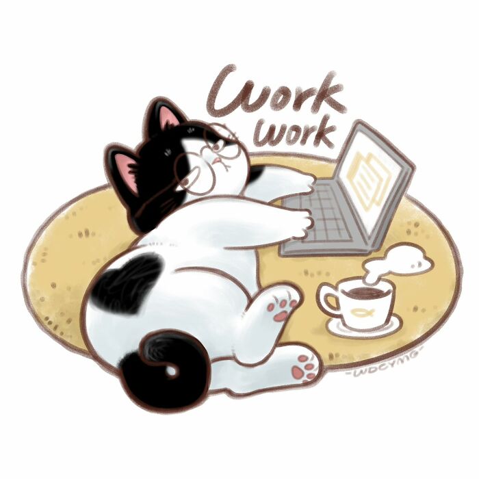 Cute cat illustration lying on a rug working on a laptop with coffee nearby, showing adorable and playful cat art.