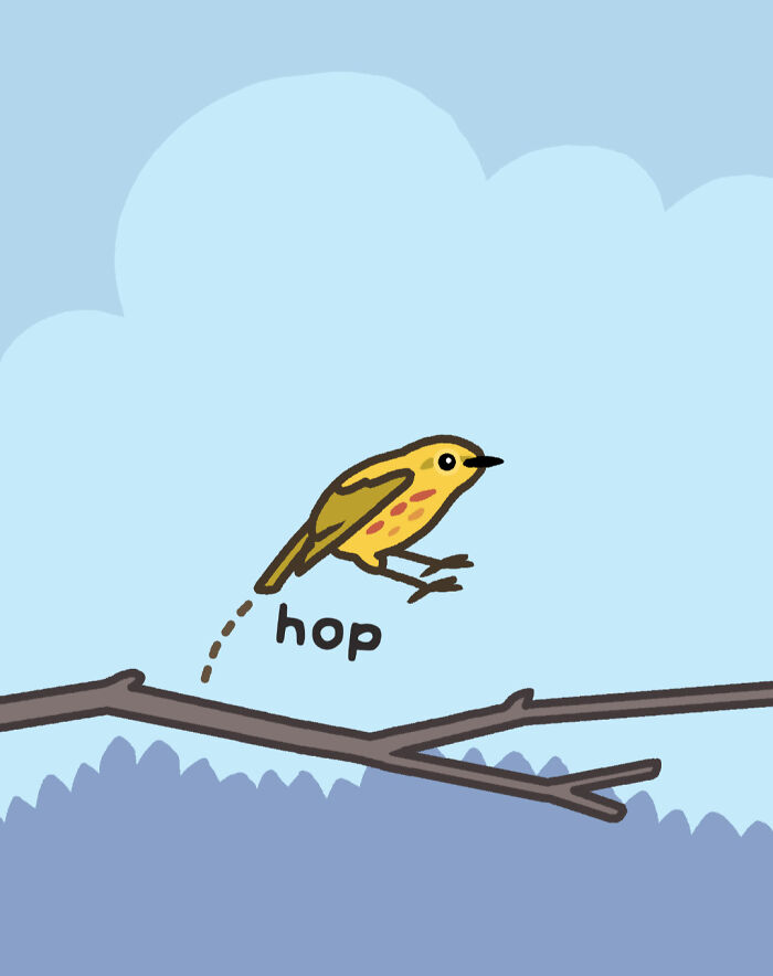 Yellow bird cartoon character with speech bubble showing playful comics about nature and wildlife humor.