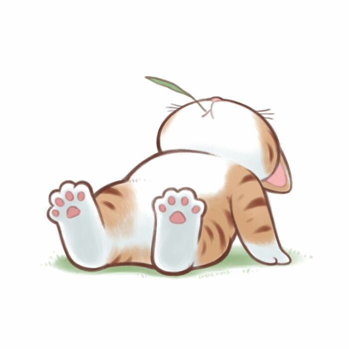 Cute cat illustration lying on its back with paws up and a blade of grass in its mouth, charming cat artwork.
