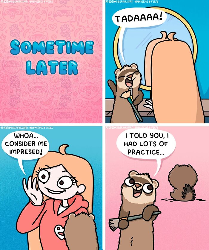 Comic strip showing an artist interacting with a ferret while documenting life with two ferrets and a cat.