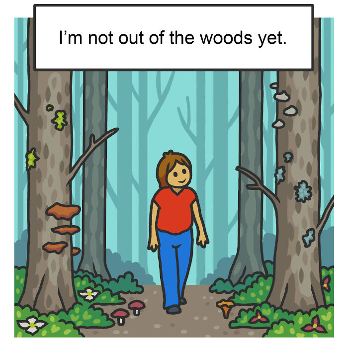 Playful comic showing a person sitting on a rock in a swamp with a message about being swamped in nature and wildlife.