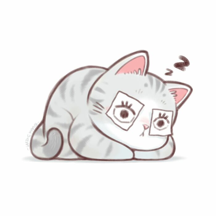 Cute cat illustration of a sleepy gray striped kitten with big eyes, perfect for adorable cat illustrations content.