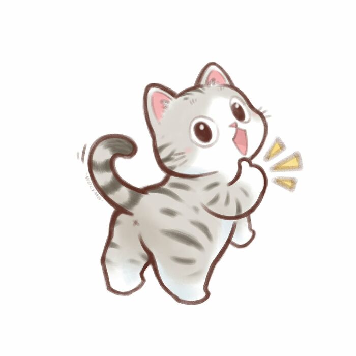 Cute cat illustration with big eyes and stripes, showcasing an irresistibly adorable and cheerful feline character.