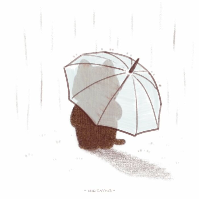 Cute cat illustration sitting under a transparent umbrella in the rain with soft, muted colors and simple lines.