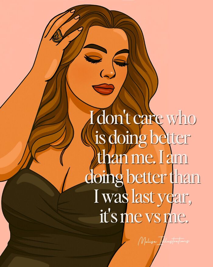 Empowering illustration of a confident woman with long hair and a motivational quote about personal growth and strength.