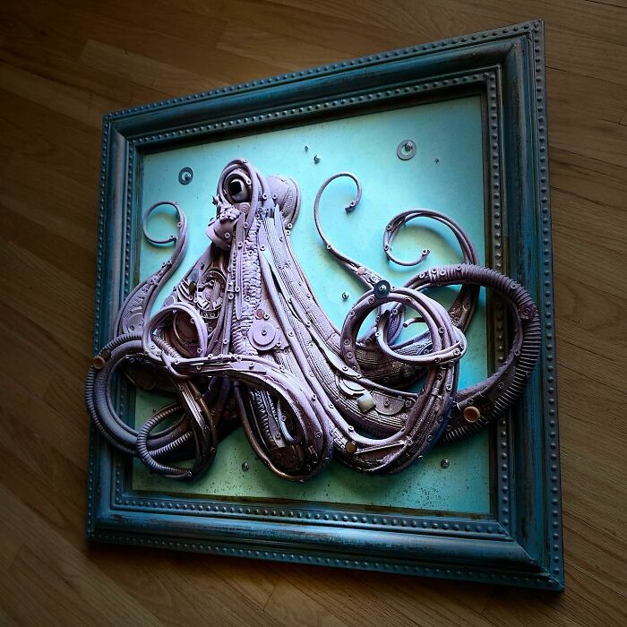 Octopus sculpture made from recycled trash and scrap materials, showcasing stunning animal sculptures created by an innovative artist.