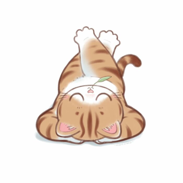 Cute cat illustration of a smiling tan tabby lying on its back with a green leaf on its nose, evoking joy and warmth.