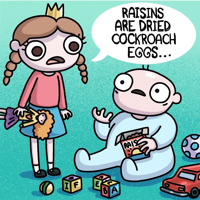 Cartoon showing daily life with two ferrets and a cat, featuring humorous family dialogue at breakfast.